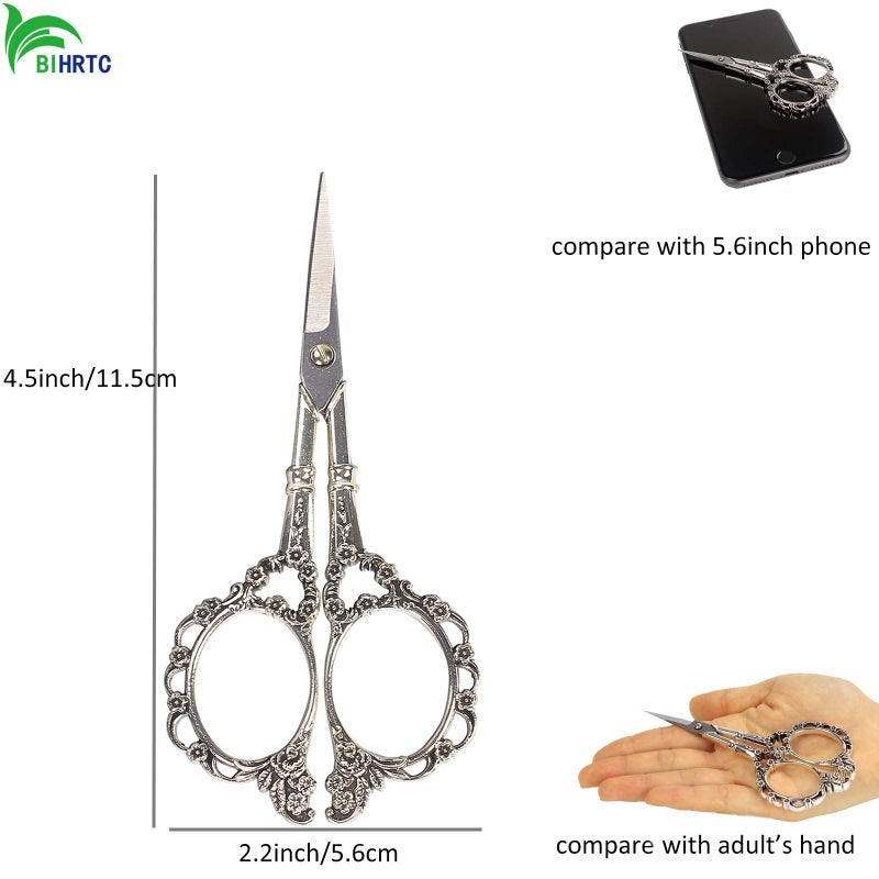 BIHRTC Vintage European Style Plum Blossom Scissors for Embroidery, Sewing, Craft, Art Work & Everyday Use (Silver) - Image 2